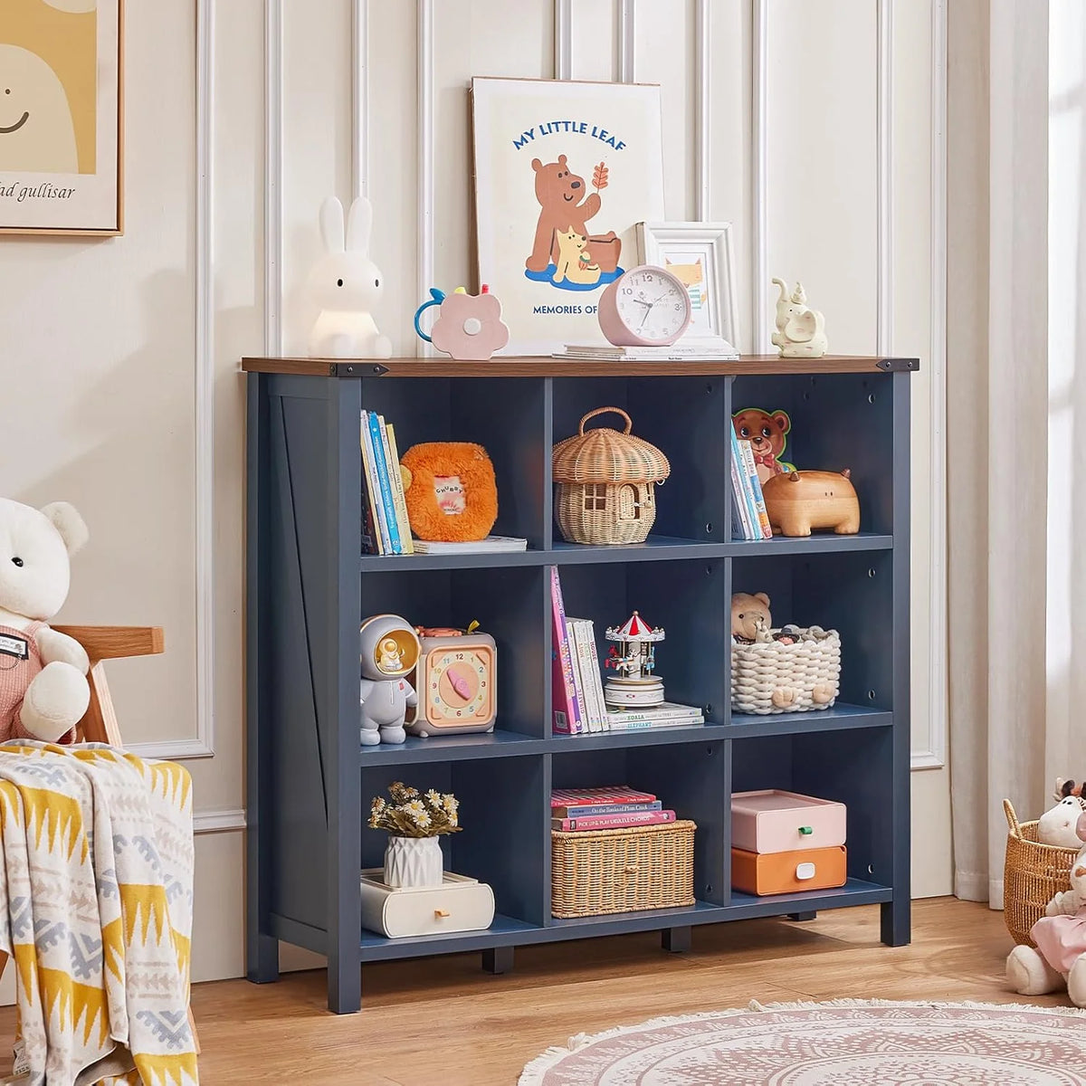 9 Cube Bookcase, Farmhouse 47 in Wide Navy Blue Bookshelf, Wooden 3 Tier Display Large Open Book Shelf - Product image 5