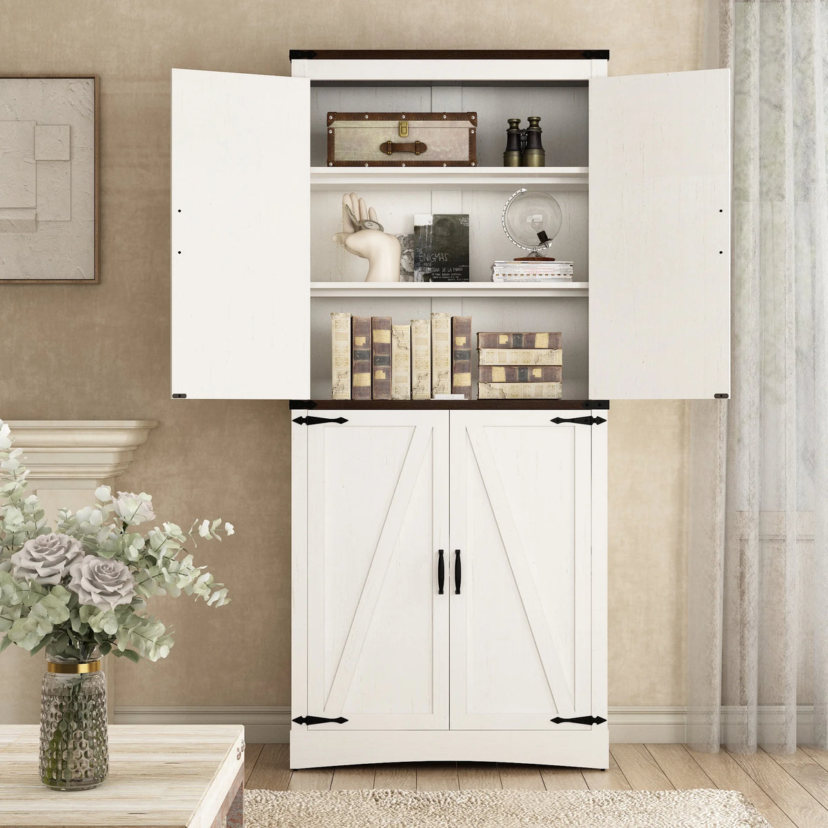 71" Tall Farmhouse Kitchen Pantry Cabinet, 5 Layers Storage Cabinet with Adjustable Shelves, Farmhouse Pantry Cabinet with 4 Barn Doors for Kitchen, Dining Room, Bathroom, Living Room, Rustic White