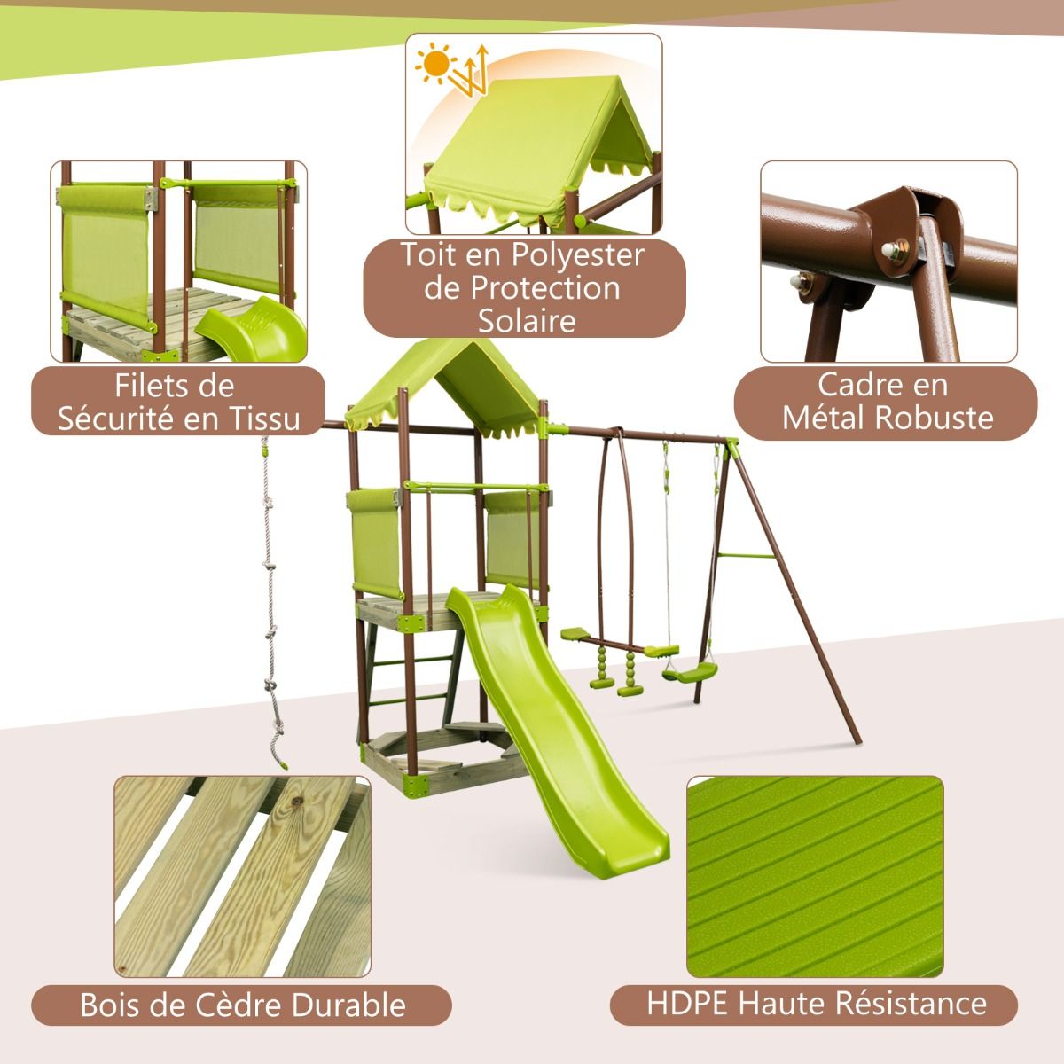 7-in-1 Swing Metal Playground with Strong Canopy Height Adjustable Climbing Rope Sandbox Slider Corrugated Slide Green -