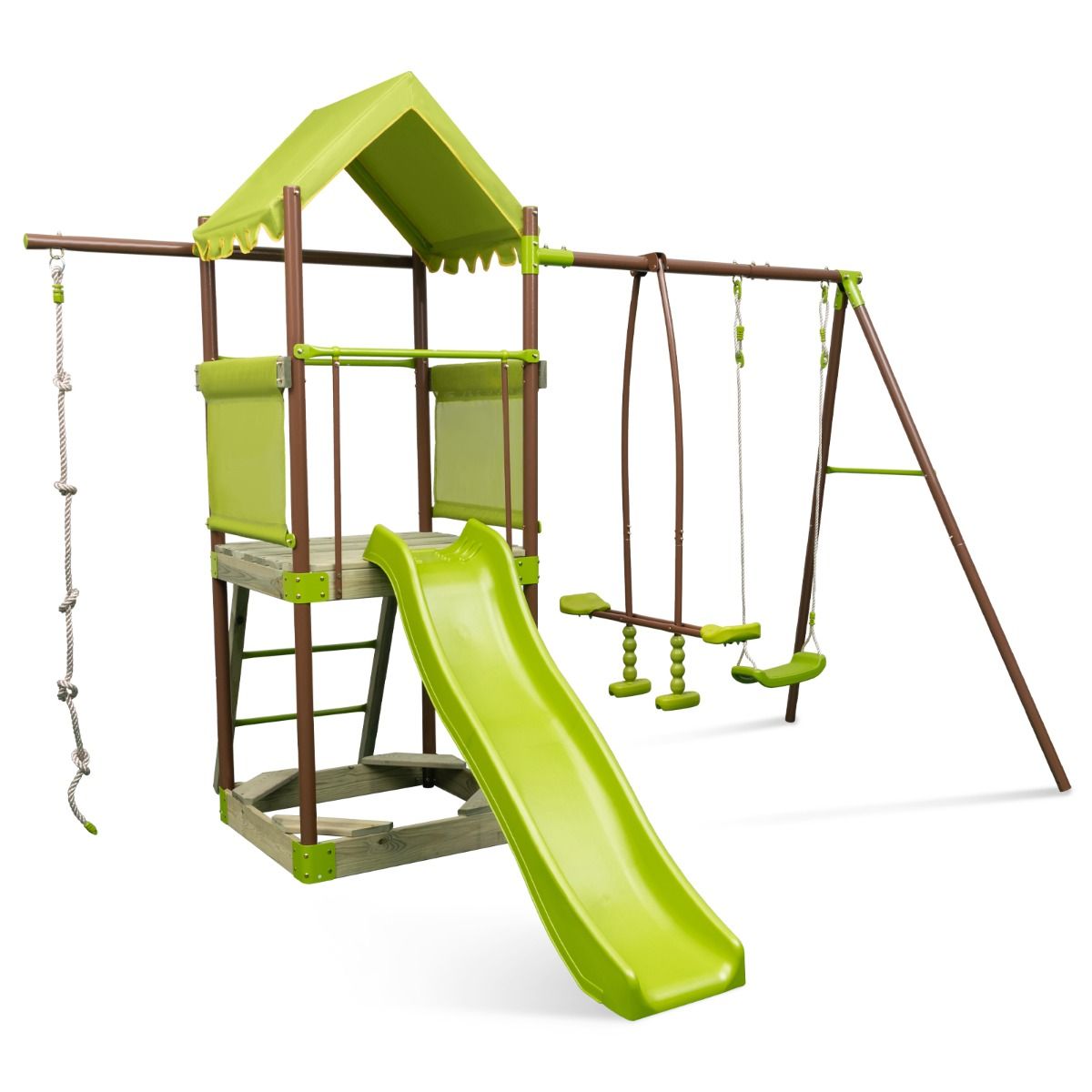 7-in-1 Swing Metal Playground with Strong Canopy Height Adjustable Climbing Rope Sandbox Slider Corrugated Slide Green -