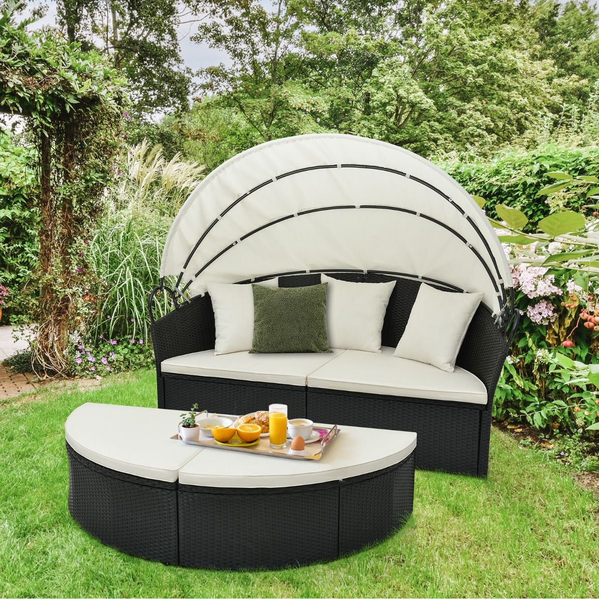 Round Garden Sofa Bed in PE Rattan Retractable Awning Removable Cushions and Pillows Modular Garden Furniture White -