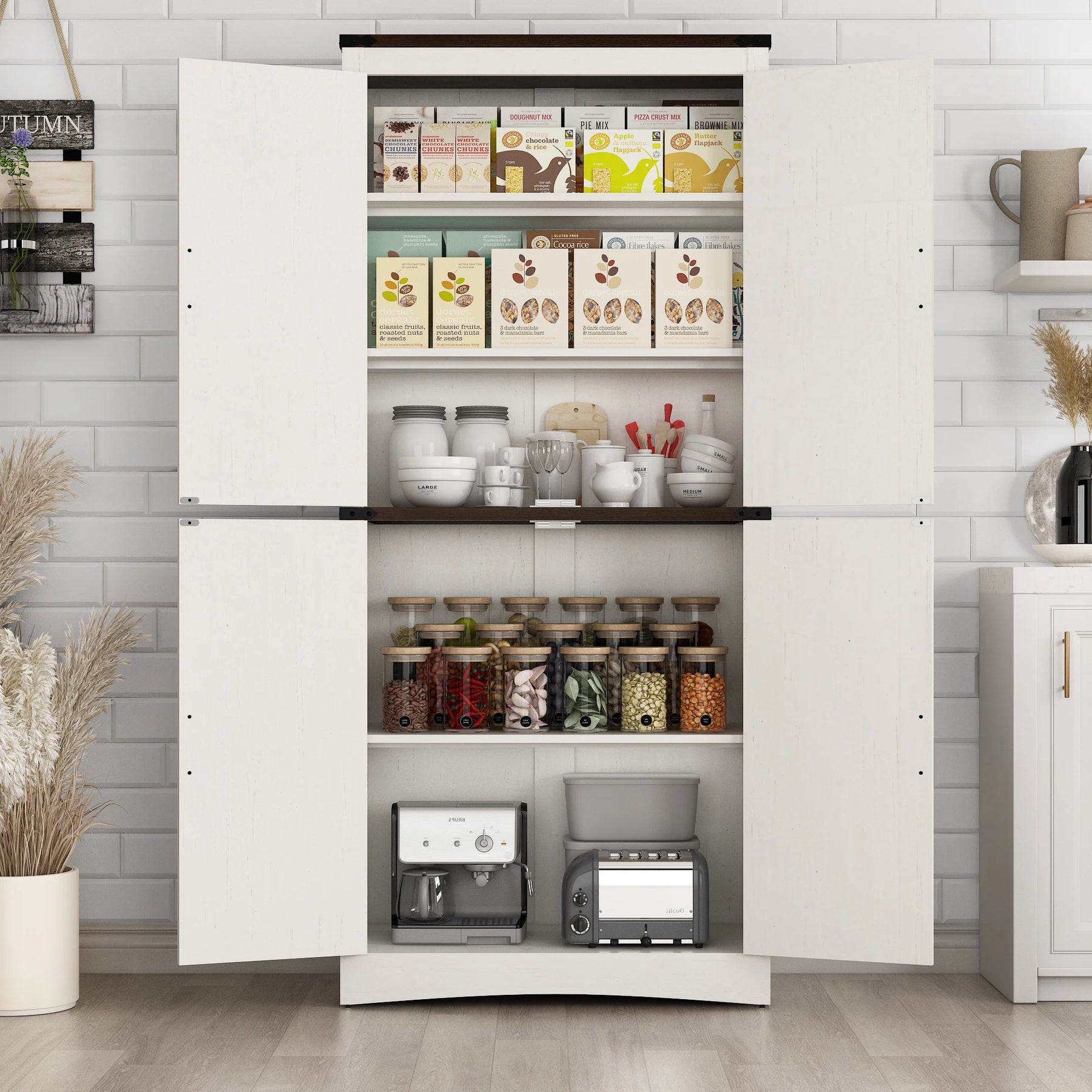 71" Tall Farmhouse Kitchen Pantry Cabinet, 5 Layers Storage Cabinet with Adjustable Shelves, Farmhouse Pantry Cabinet with 4 Barn Doors for Kitchen, Dining Room, Bathroom, Living Room, Rustic White