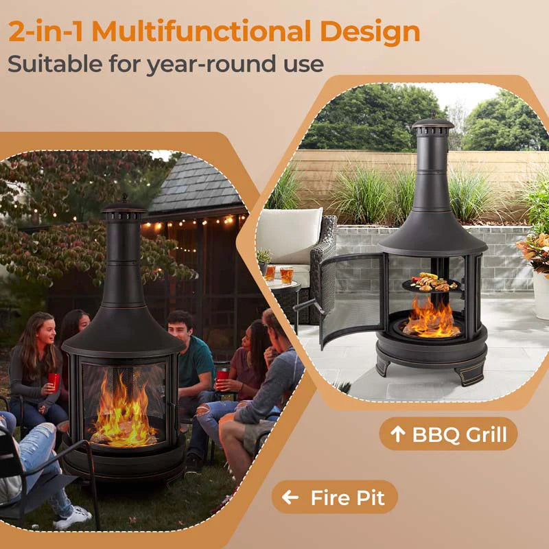 Outdoor Wood Burning Chiminea Fire Pit for Patio Backyard BBQ, 30 Inch Metal Fireplace with Grill - Product image 7