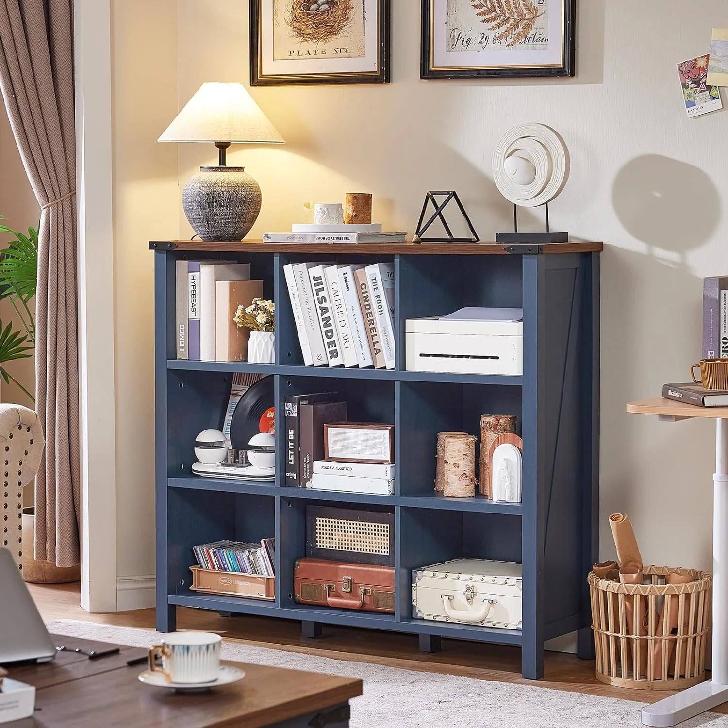 9 Cube Bookcase, Farmhouse 47 in Wide Navy Blue Bookshelf, Wooden 3 Tier Display Large Open Book Shelf - Product image 2