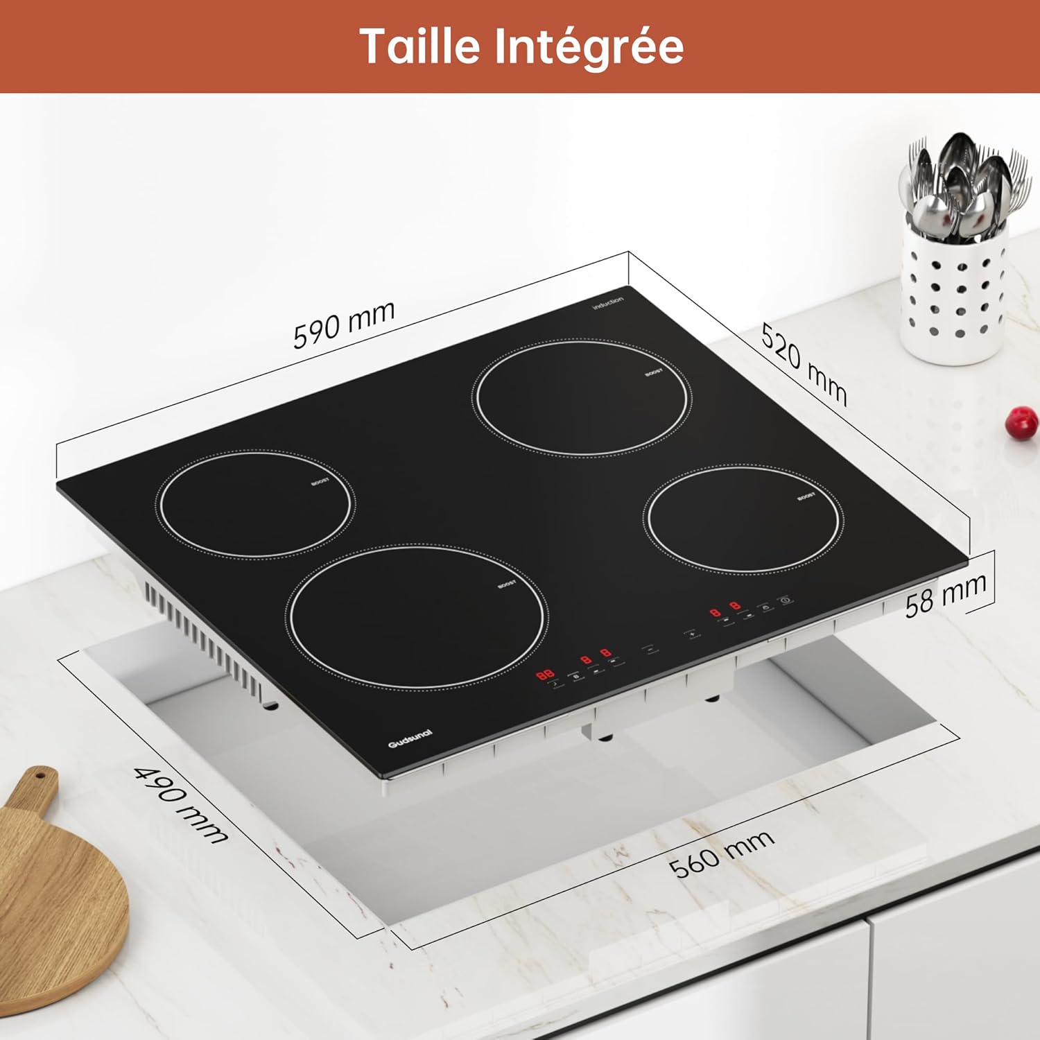 Gudsunal 4-burner induction hob, built-in cooktop, 7200W, 9 heating levels, Boost, Timer, Automatic shut-off, Child safety lock