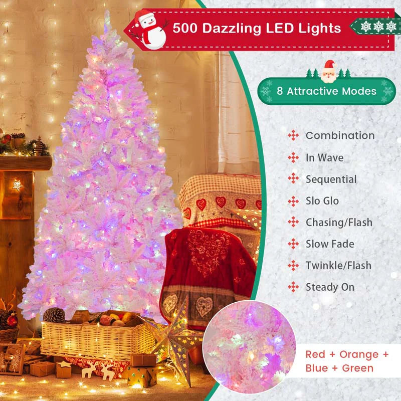 7 FT Pre-lit Pink Artificial Christmas Tree, Hinged Snow Flocked Holiday Tree with 1200 Tips - Product image 3