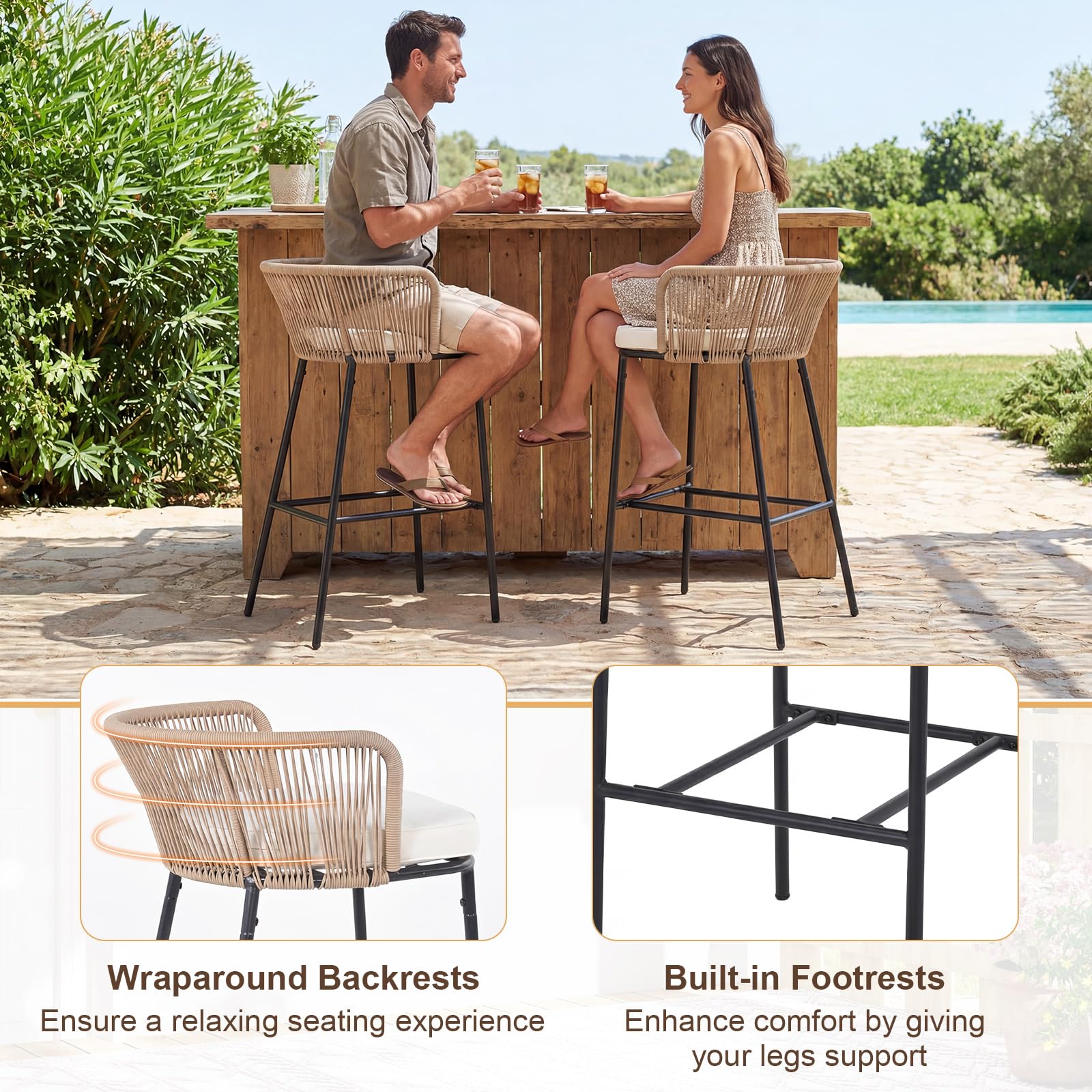 Tangkula Outdoor Bar Stools Set of 2/4 Bar Height Woven Rope Patio Chairs with Cushions and Backrests - Product image 6