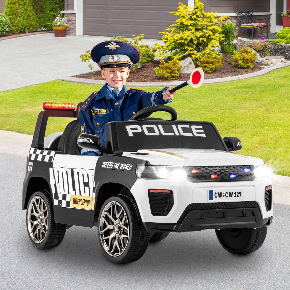 Electric Police Car Battery Powered 12V/7A Remote Control Wireless Connection Music Horn Siren LED Lights White -