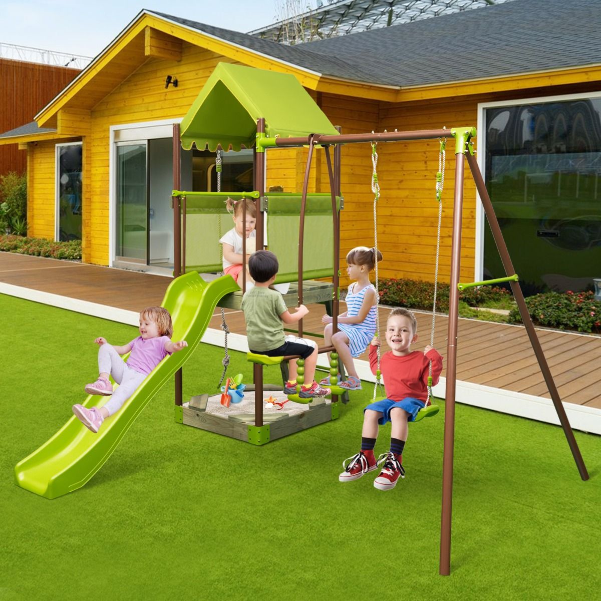 7-in-1 Swing Metal Playground with Strong Canopy Height Adjustable Climbing Rope Sandbox Slider Corrugated Slide Green -