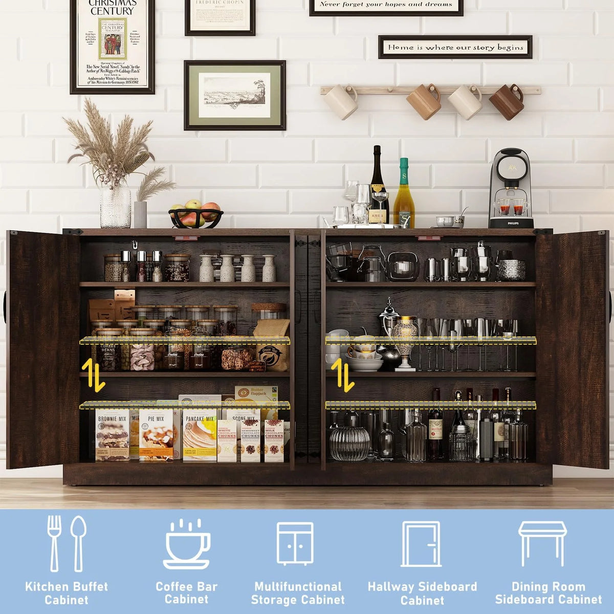 71" Tall Farmhouse Kitchen Pantry Cabinet, 5 Layers Storage Cabinet with Adjustable Shelves, Farmhouse Pantry Cabinet with 4 Barn Doors for Kitchen, Dining Room, Bathroom, Living Room, Rustic White
