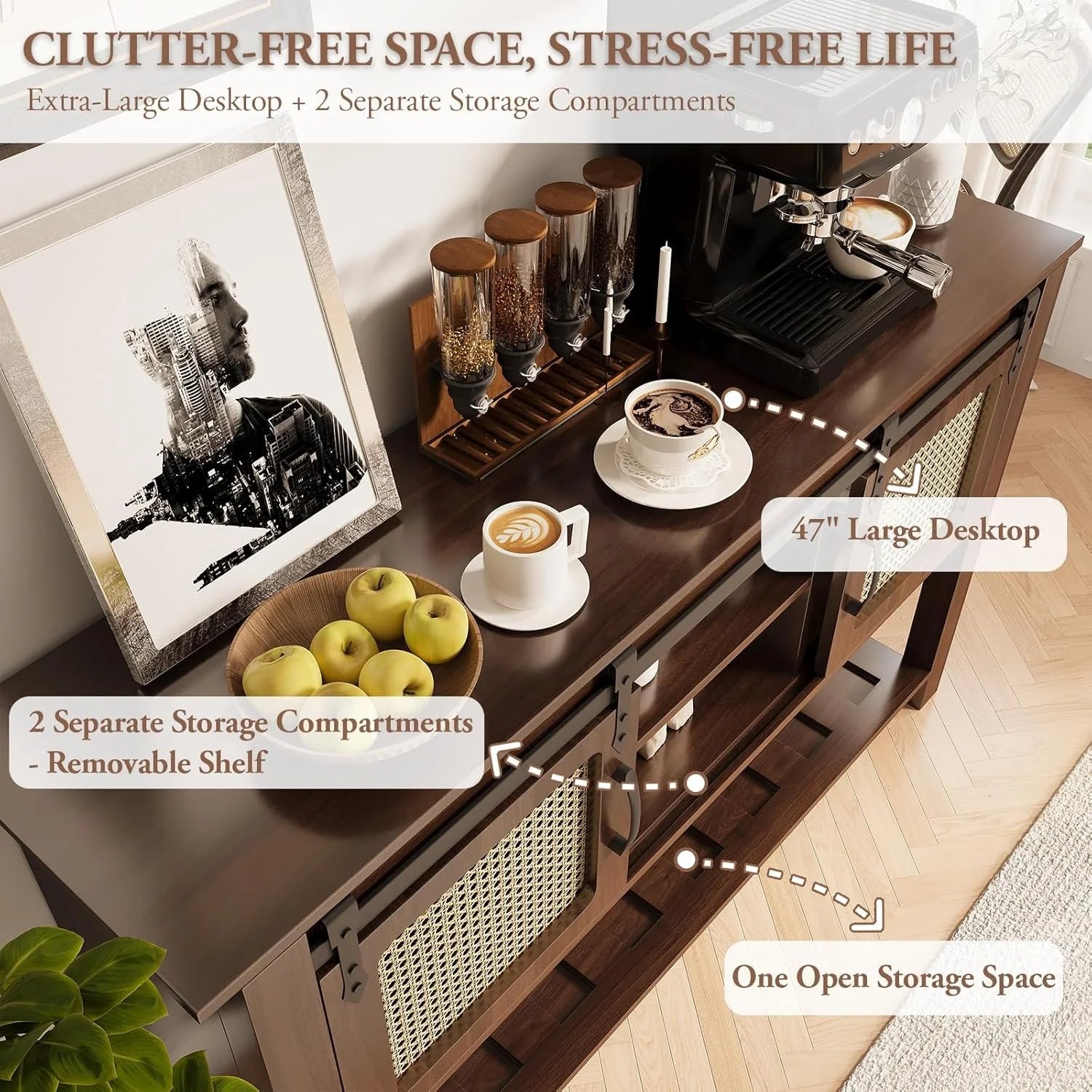 AECOJOY Buffet Cabinet, Coffee Bar Storage Cabinet, 46'' Coffee Bar Table with Rattan Sliding Barn Door - Product image 5