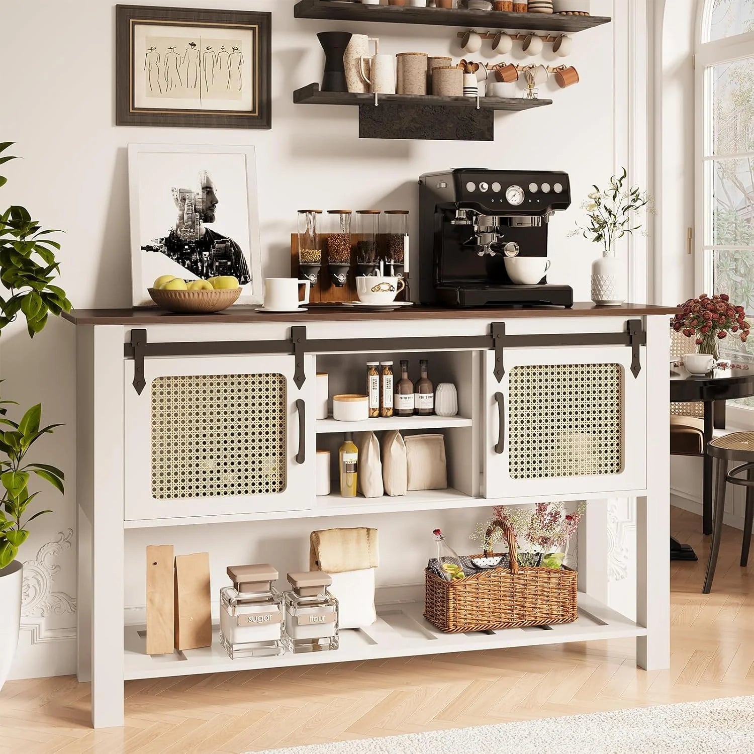 AECOJOY Buffet Cabinet, Coffee Bar Storage Cabinet, 46'' Coffee Bar Table with Rattan Sliding Barn Door - Product image 13
