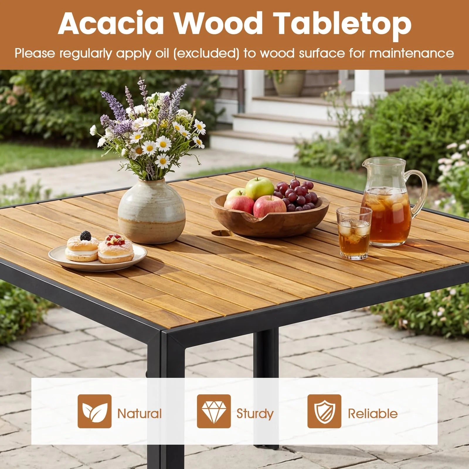 Tangkula 36" Square Acacia Wood Patio Dining Table 1.97" Umbrella Hole and Heavy Duty Metal Frame - Product image 4