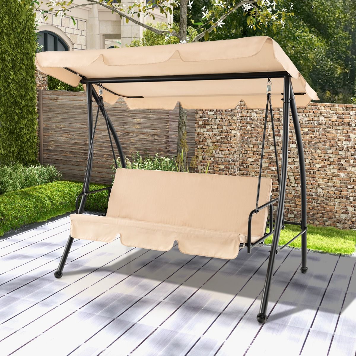 2-Seater Convertible Outdoor Swing with Flat Bed Terrace Hammock with Adjustable Awning and Removable Cushion for Garden -