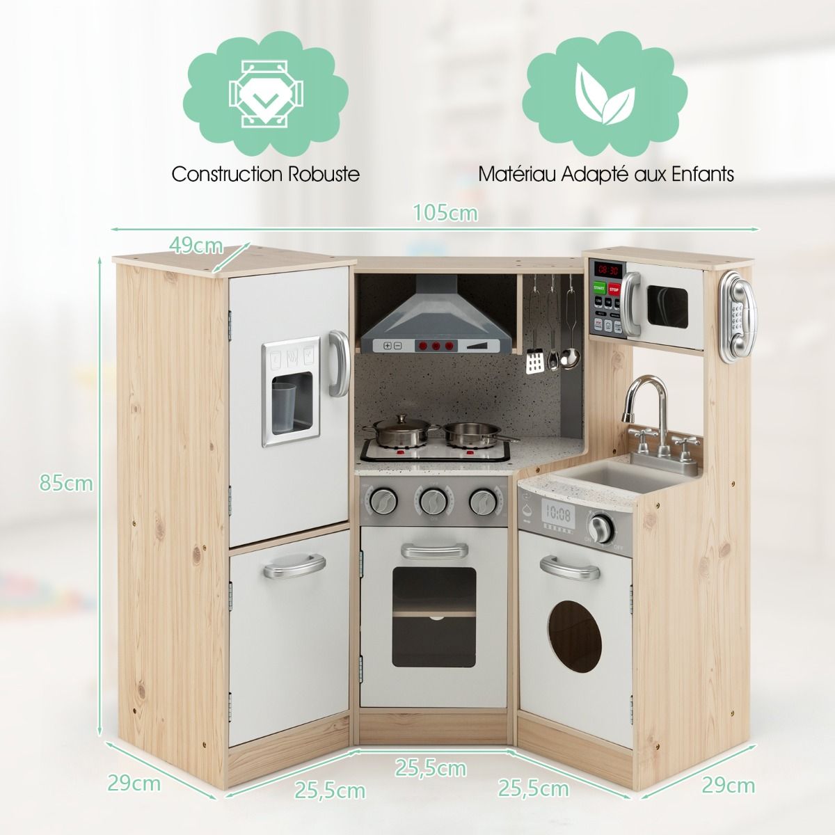 Wooden Children's Kitchen XXL Angle 105 x 49 x 85 cm (L x W x H) Complete Kitchen with Oven Washing Machine 3 Years+ -