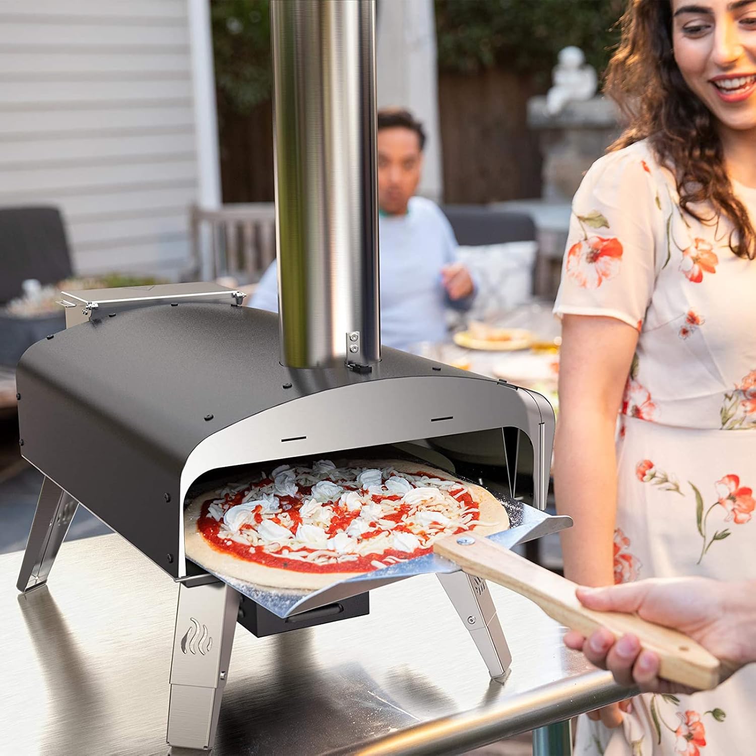 Mimiuo Black Pizza Oven with Charcoal Pellet, Premium Wood Oven for Garden with Automatic Rotation System, with Shovel and Pizza Stone (Tisserie W-Oven Series)