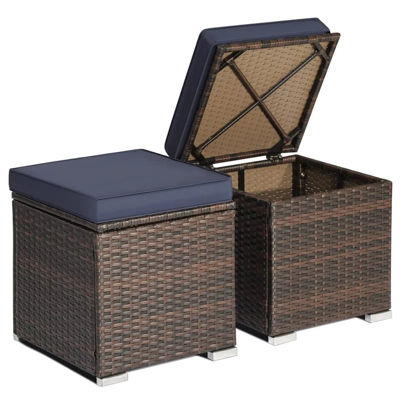 2PCS Wicker Outdoor Storage Ottomans with Removable Cushions, Multipurpose PE Rattan Footrest Side Table - Product image 10
