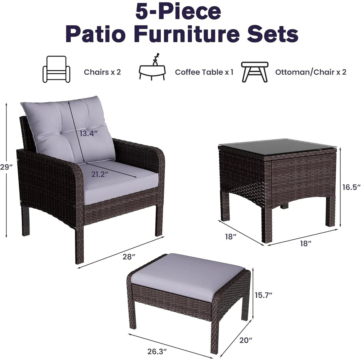 AECOJOY Outdoor 5 Pieces Patio Furniture Set, PE Rattan Wicker Chairs with Ottoman and Table, Brown/Grey - Product image 3