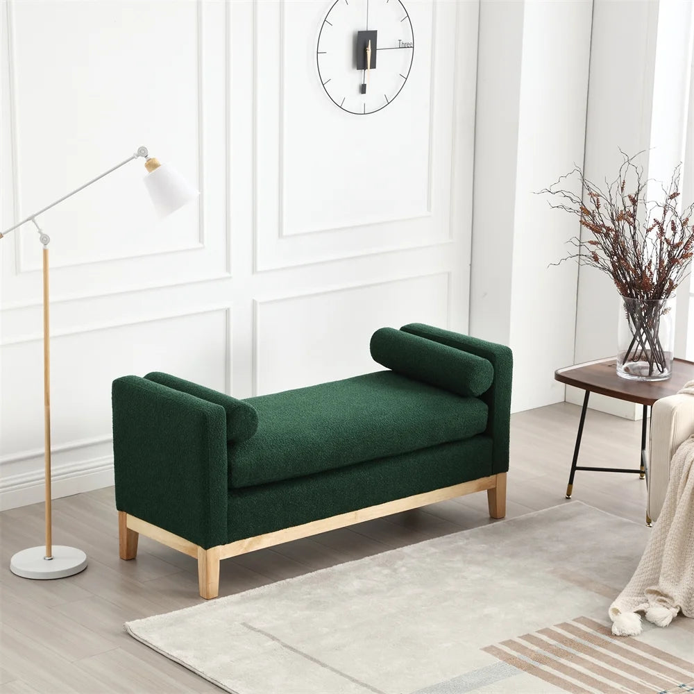 53.5"w Elegant Upholstered Bench with Wood Legs & Round Pillows, Comfy Boucle Fabric Footrest with Arms - Product image 15