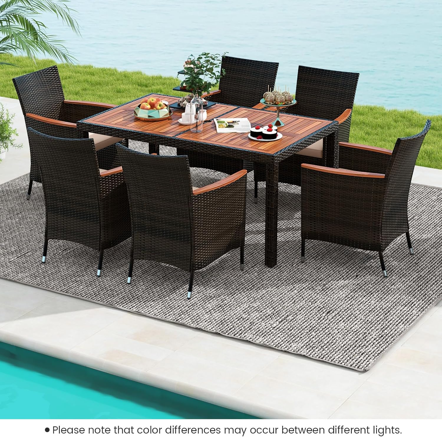 GIANTEX Garden Furniture Set for 6 People in Rattan and Acacia Wood, Outdoor Garden Table with 6 Chairs, Cushions, Parasol Hole, Adjustable Feet, for Courtyard, Picnic, Brown