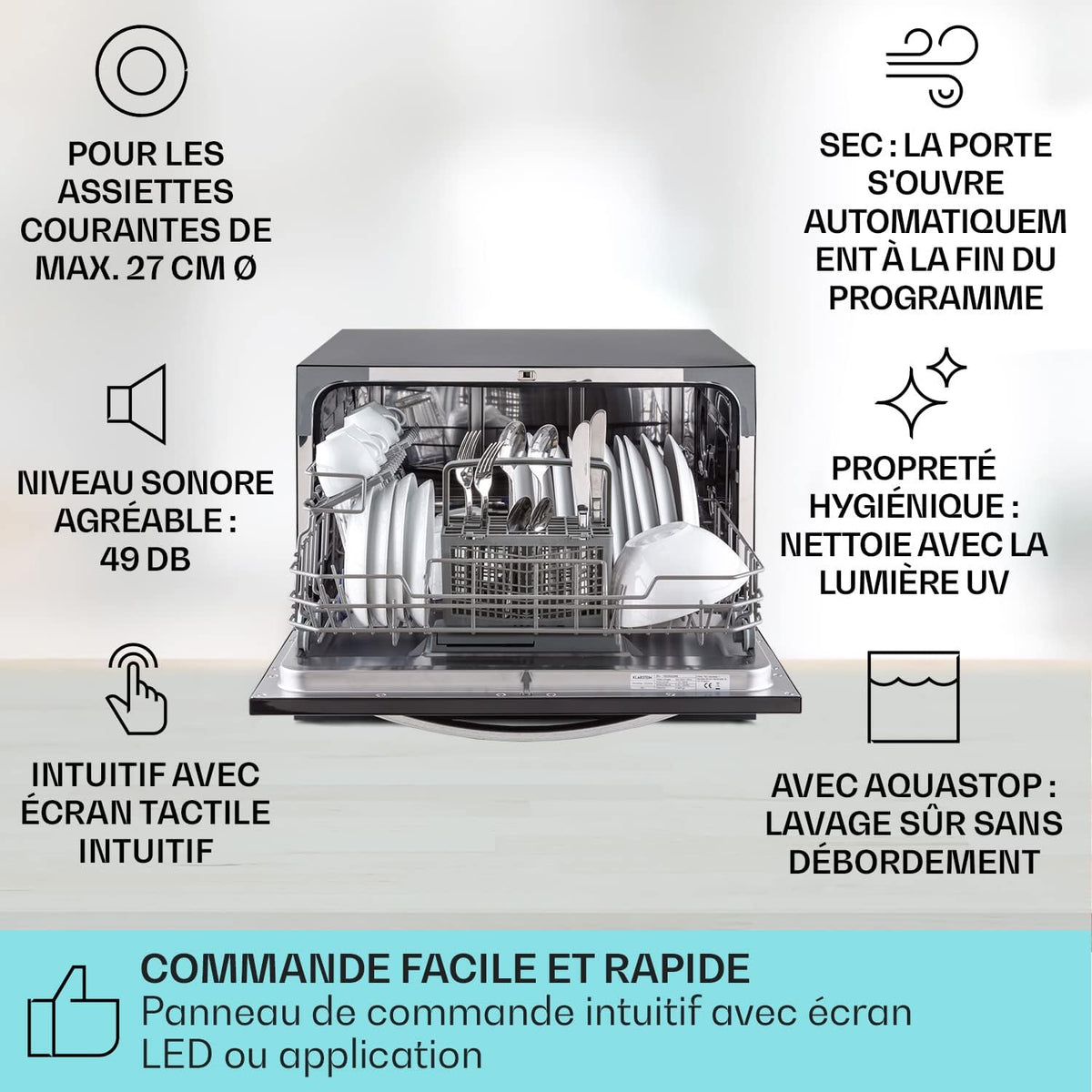 Mini Table Dishwasher with 8 Place Settings, Quiet, 6 Wash Programs, Portable, Easy to Install for Home and Office -