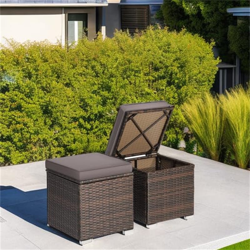 2PCS Wicker Outdoor Storage Ottomans with Removable Cushions, Multipurpose PE Rattan Footrest Side Table - Product image 28