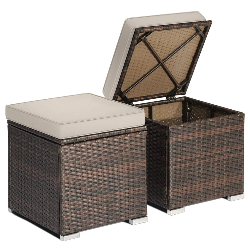 2PCS Wicker Outdoor Storage Ottomans with Removable Cushions, Multipurpose PE Rattan Footrest Side Table - Product image 1