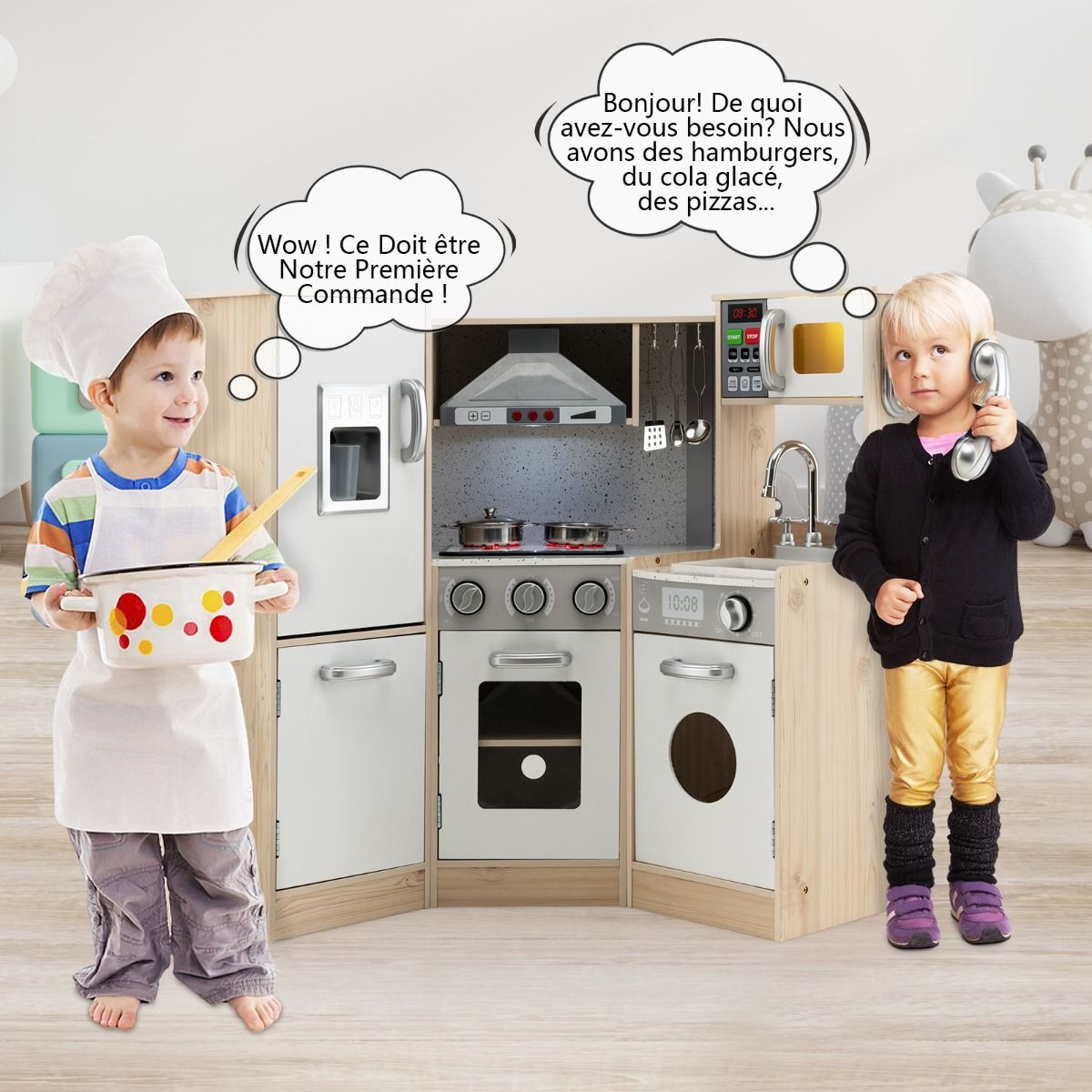 Wooden Children's Kitchen XXL Angle 105 x 49 x 85 cm (L x W x H) Complete Kitchen with Oven Washing Machine 3 Years+ -