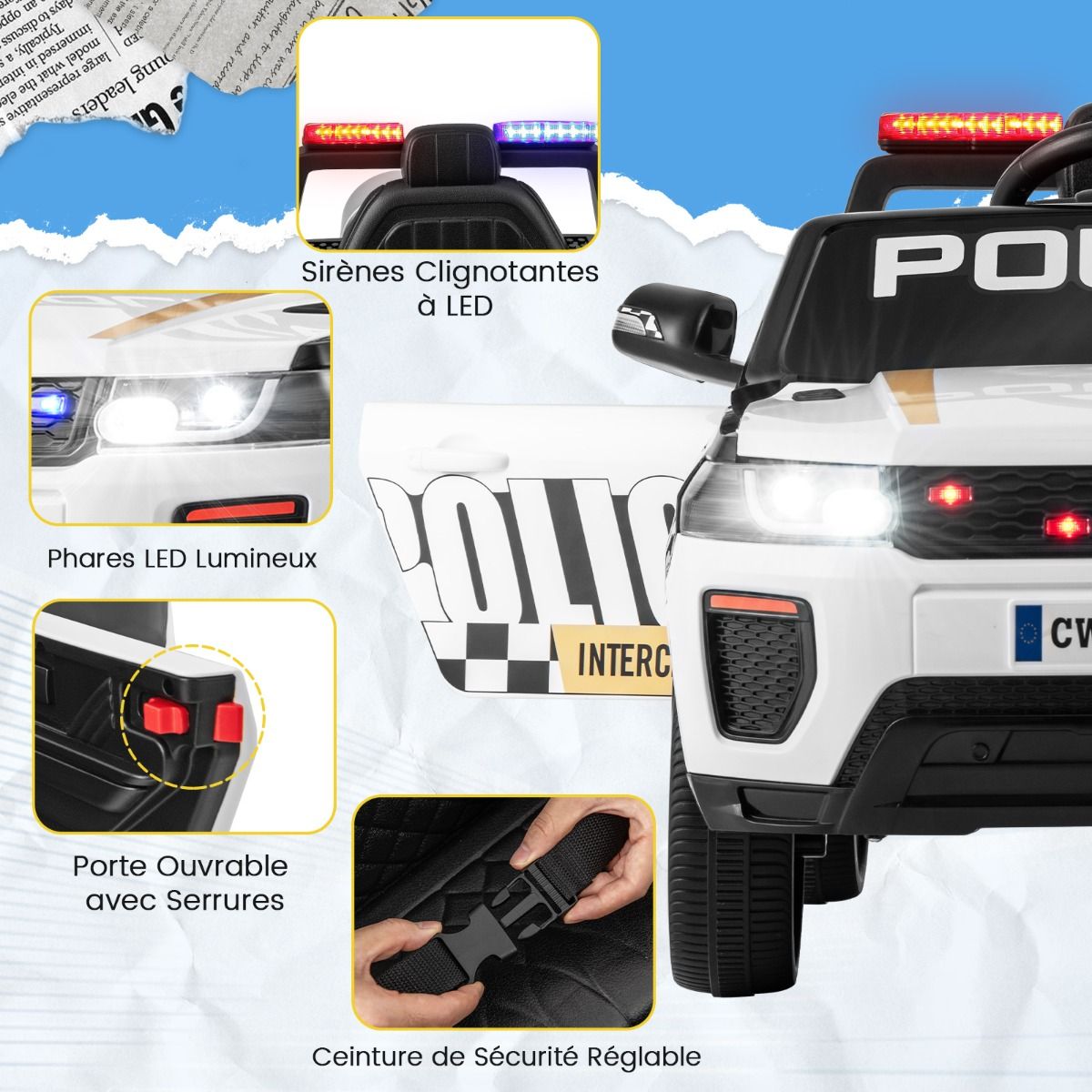 Electric Police Car Battery Powered 12V/7A Remote Control Wireless Connection Music Horn Siren LED Lights White -