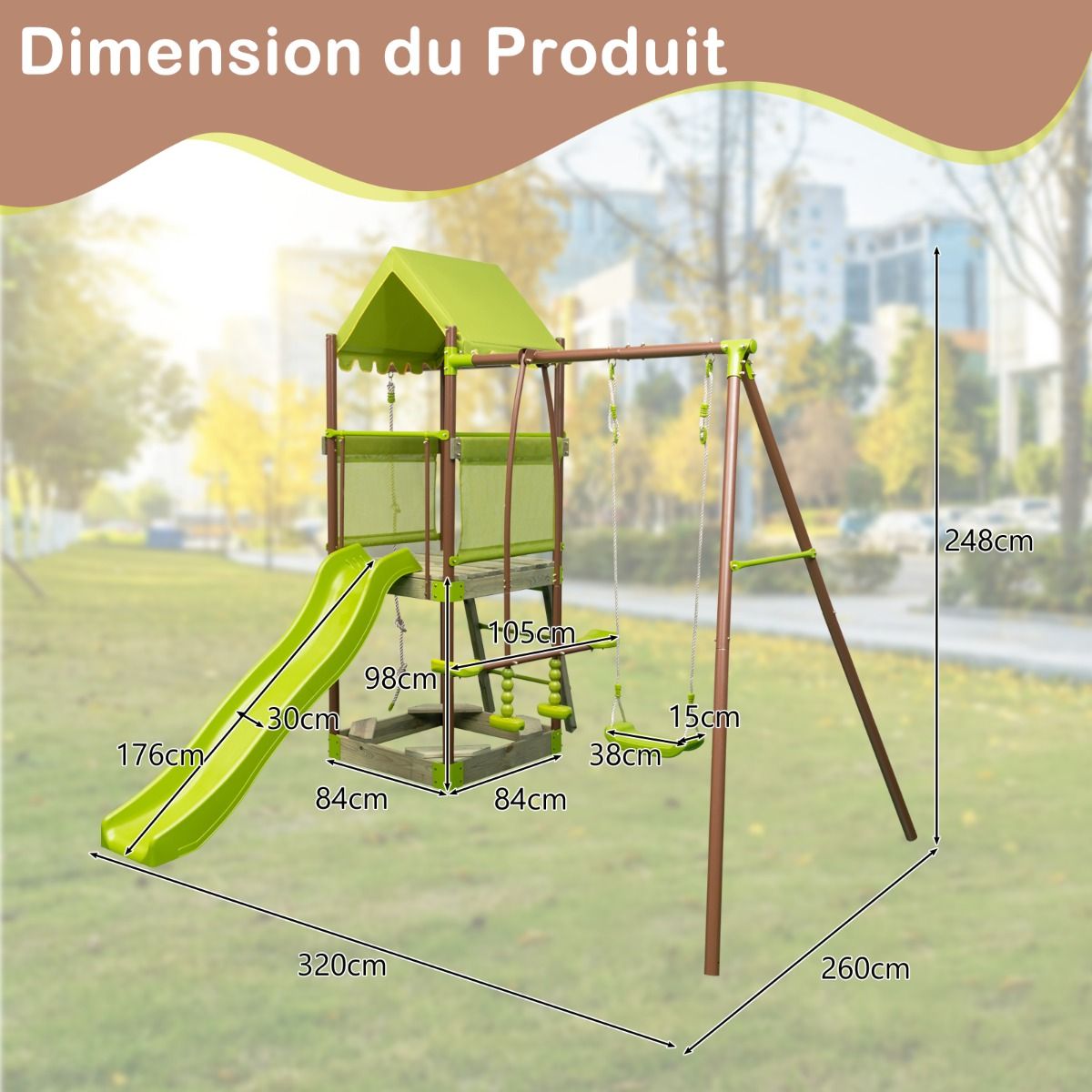 7-in-1 Swing Metal Playground with Strong Canopy Height Adjustable Climbing Rope Sandbox Slider Corrugated Slide Green -