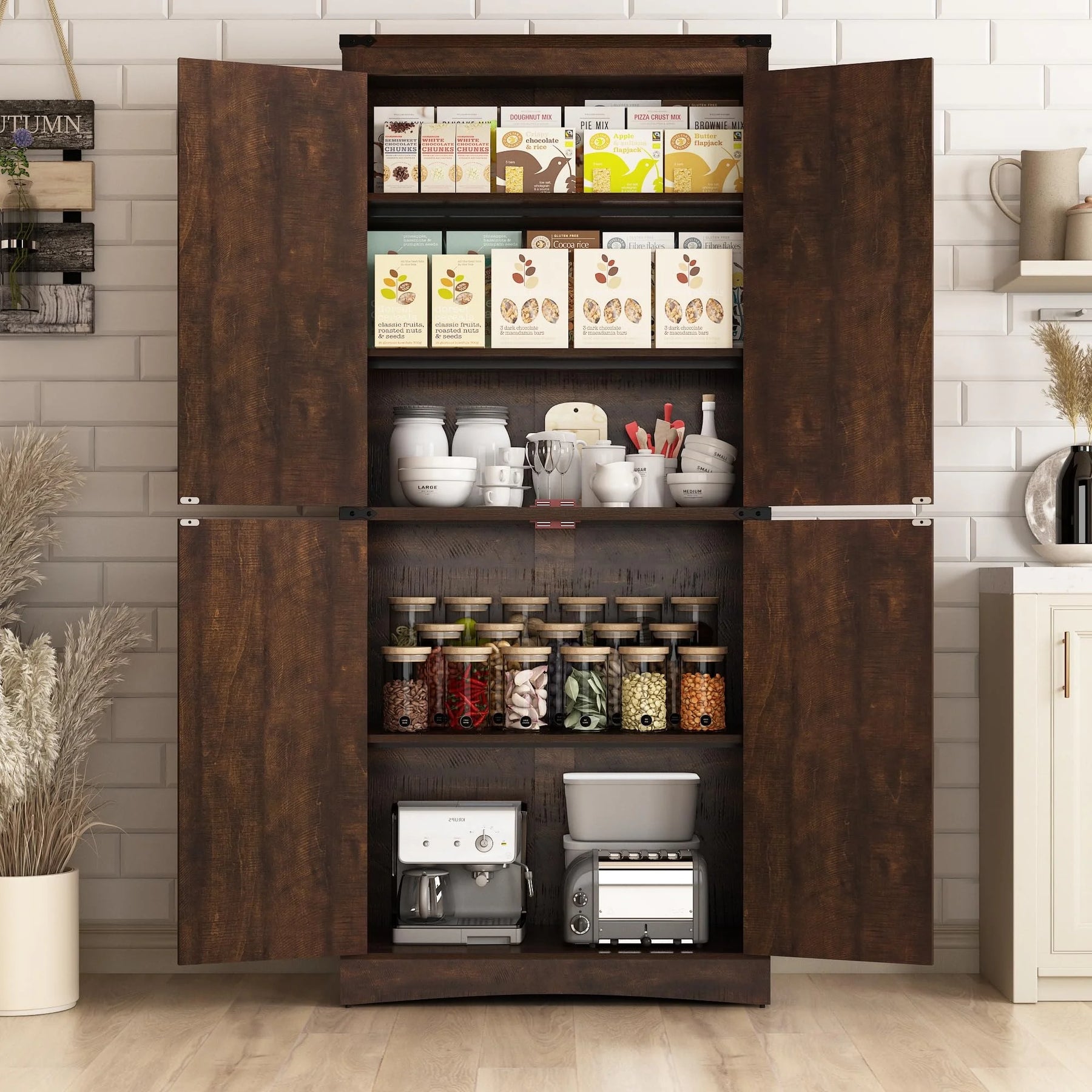 71" Tall Farmhouse Kitchen Pantry Cabinet, 5 Layers Storage Cabinet with Adjustable Shelves, Farmhouse Pantry Cabinet with 4 Barn Doors for Kitchen, Dining Room, Bathroom, Living Room, Rustic White