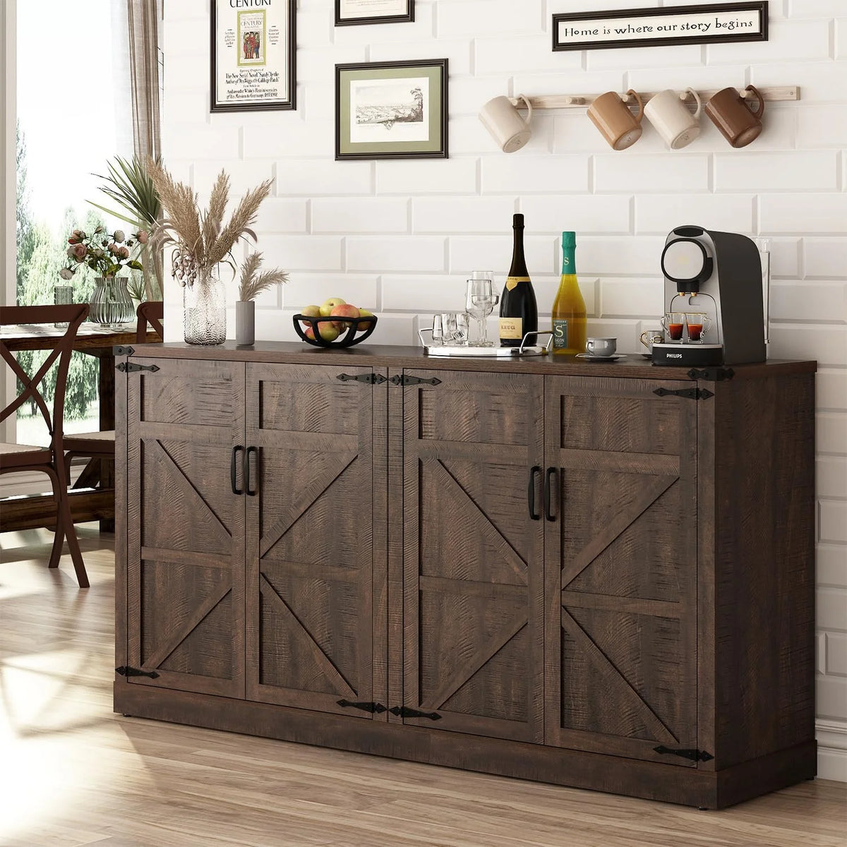 71" Tall Farmhouse Kitchen Pantry Cabinet, 5 Layers Storage Cabinet with Adjustable Shelves, Farmhouse Pantry Cabinet with 4 Barn Doors for Kitchen, Dining Room, Bathroom, Living Room, Rustic White