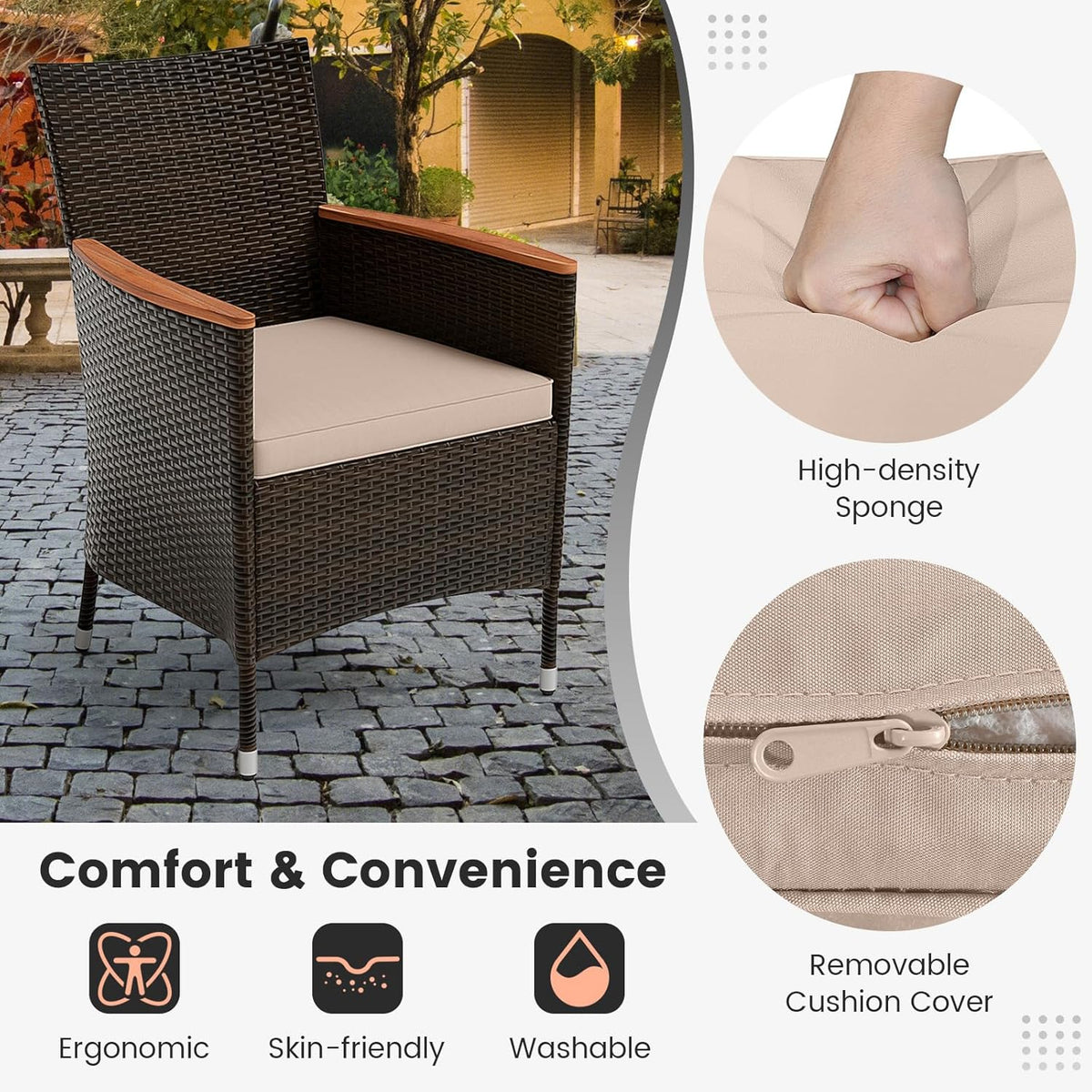GIANTEX Garden Furniture Set for 6 People in Rattan and Acacia Wood, Outdoor Garden Table with 6 Chairs, Cushions, Parasol Hole, Adjustable Feet, for Courtyard, Picnic, Brown