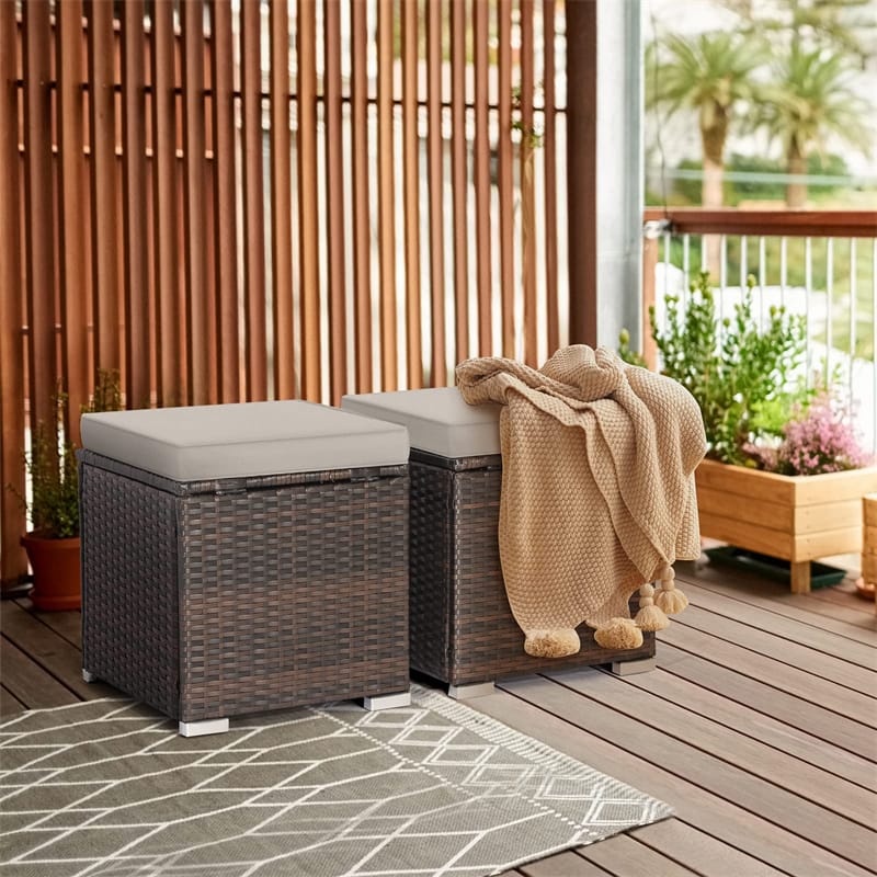 2PCS Wicker Outdoor Storage Ottomans with Removable Cushions, Multipurpose PE Rattan Footrest Side Table - Product image 3