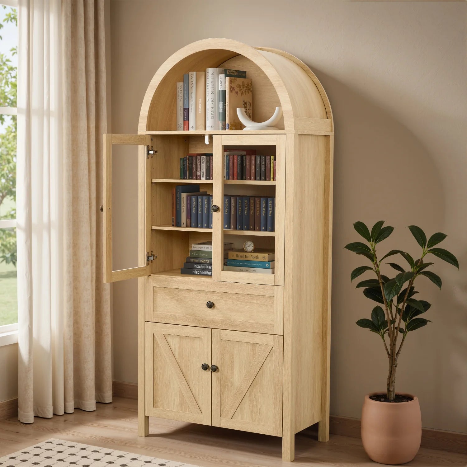 Lisonu 72" Arched Bookcase with Doors, Tall Dome Display Cabinet with Storage for Living Room or Home - Product image 4