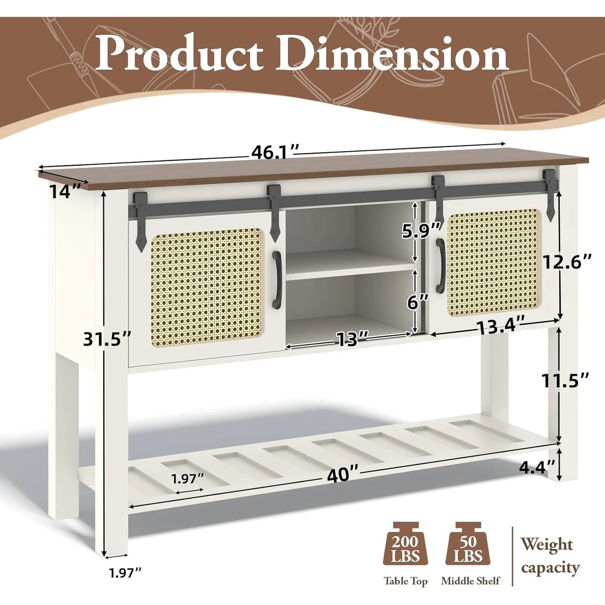 AECOJOY Buffet Cabinet, Coffee Bar Storage Cabinet, 46'' Coffee Bar Table with Rattan Sliding Barn Door - Product image 9