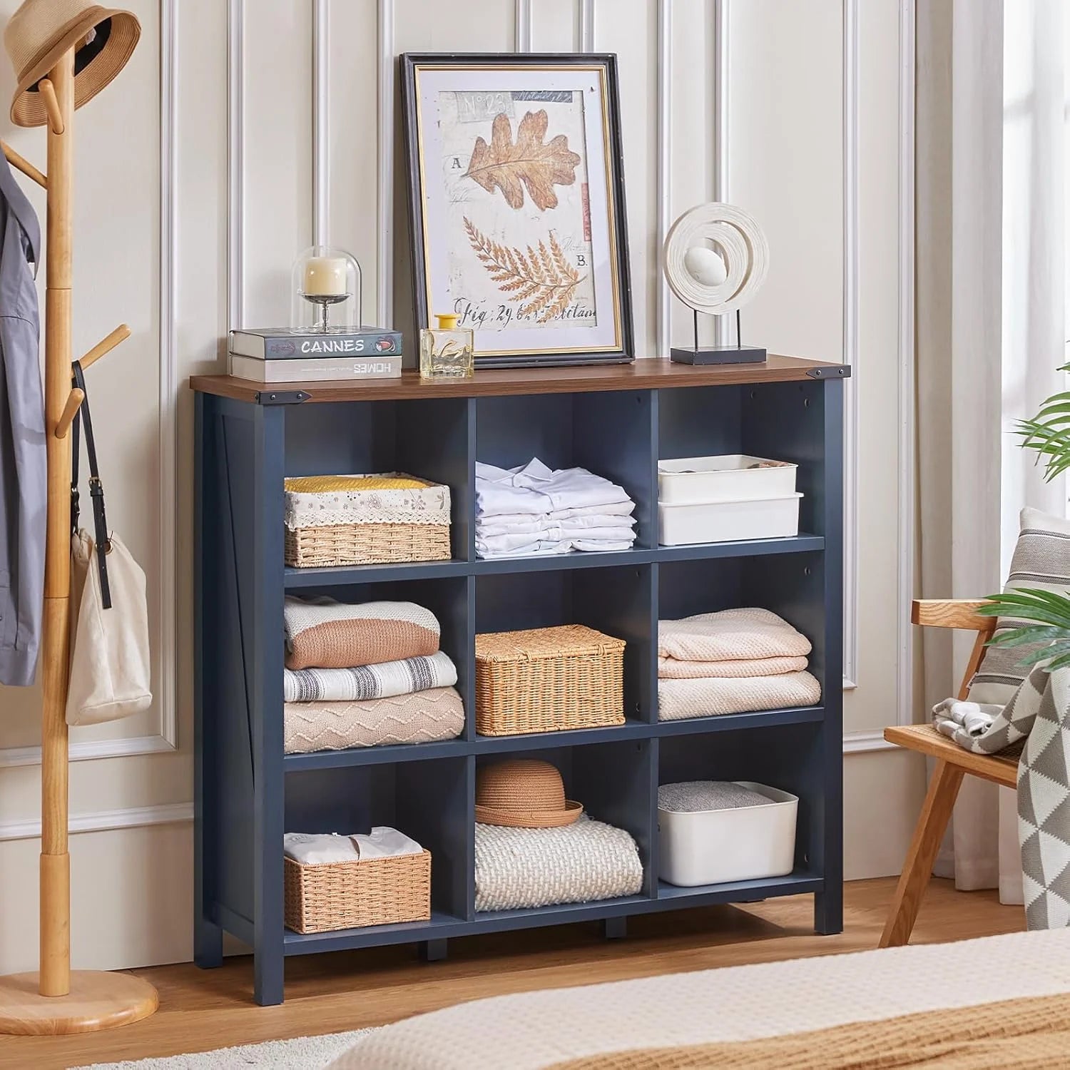 9 Cube Bookcase, Farmhouse 47 in Wide Navy Blue Bookshelf, Wooden 3 Tier Display Large Open Book Shelf - Product image 9