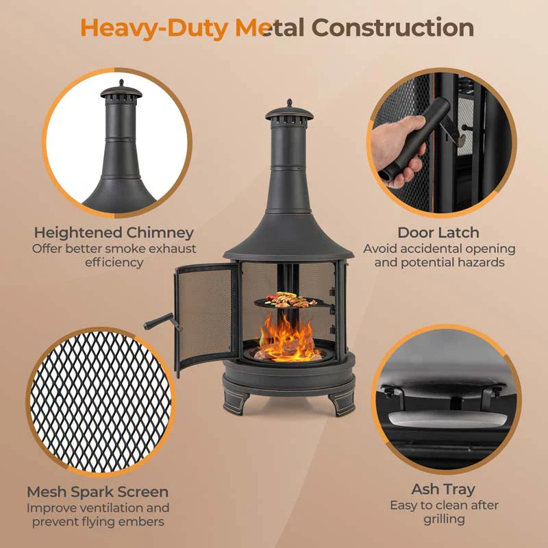 Outdoor Wood Burning Chiminea Fire Pit for Patio Backyard BBQ, 30 Inch Metal Fireplace with Grill - Product image 11