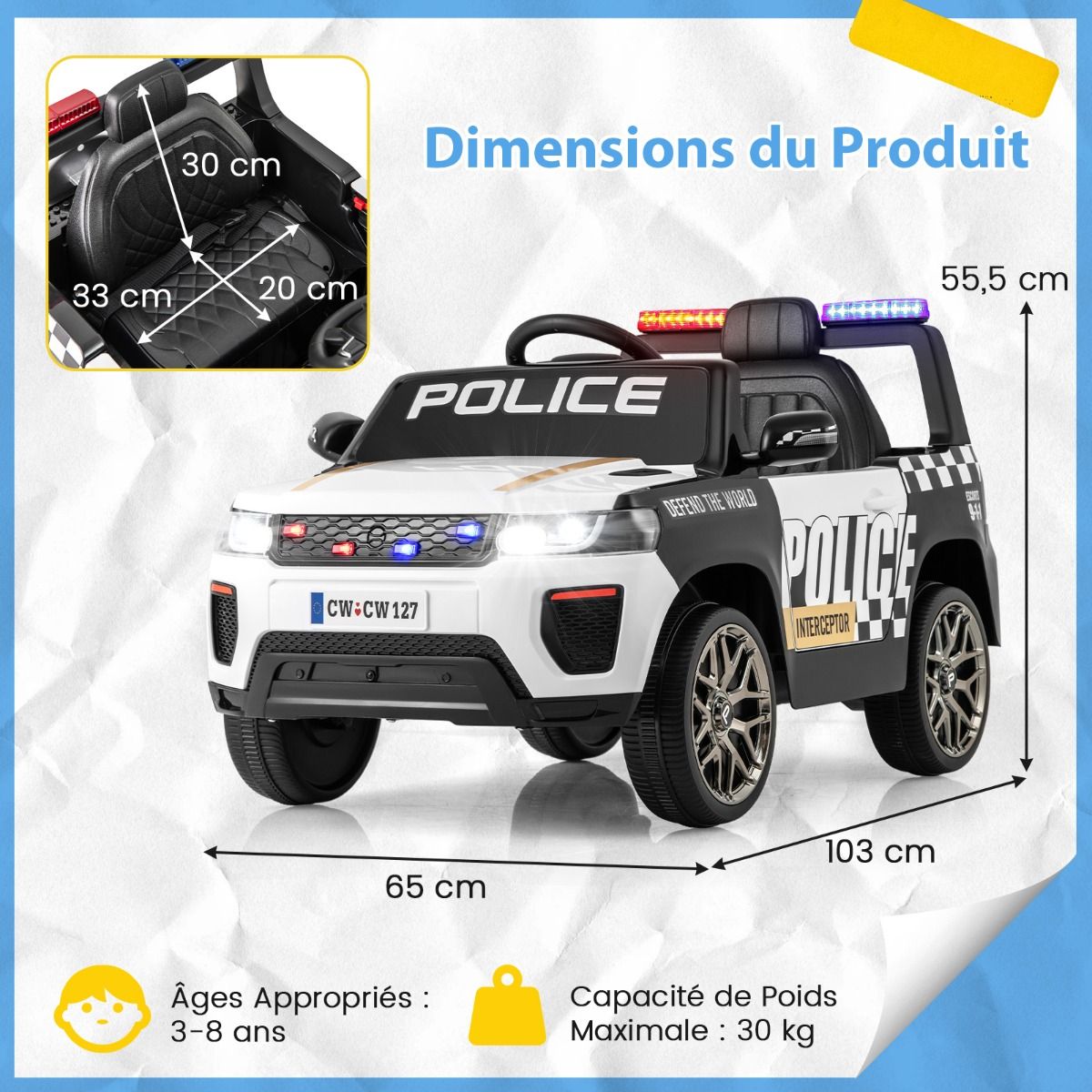 Electric Police Car Battery Powered 12V/7A Remote Control Wireless Connection Music Horn Siren LED Lights White -