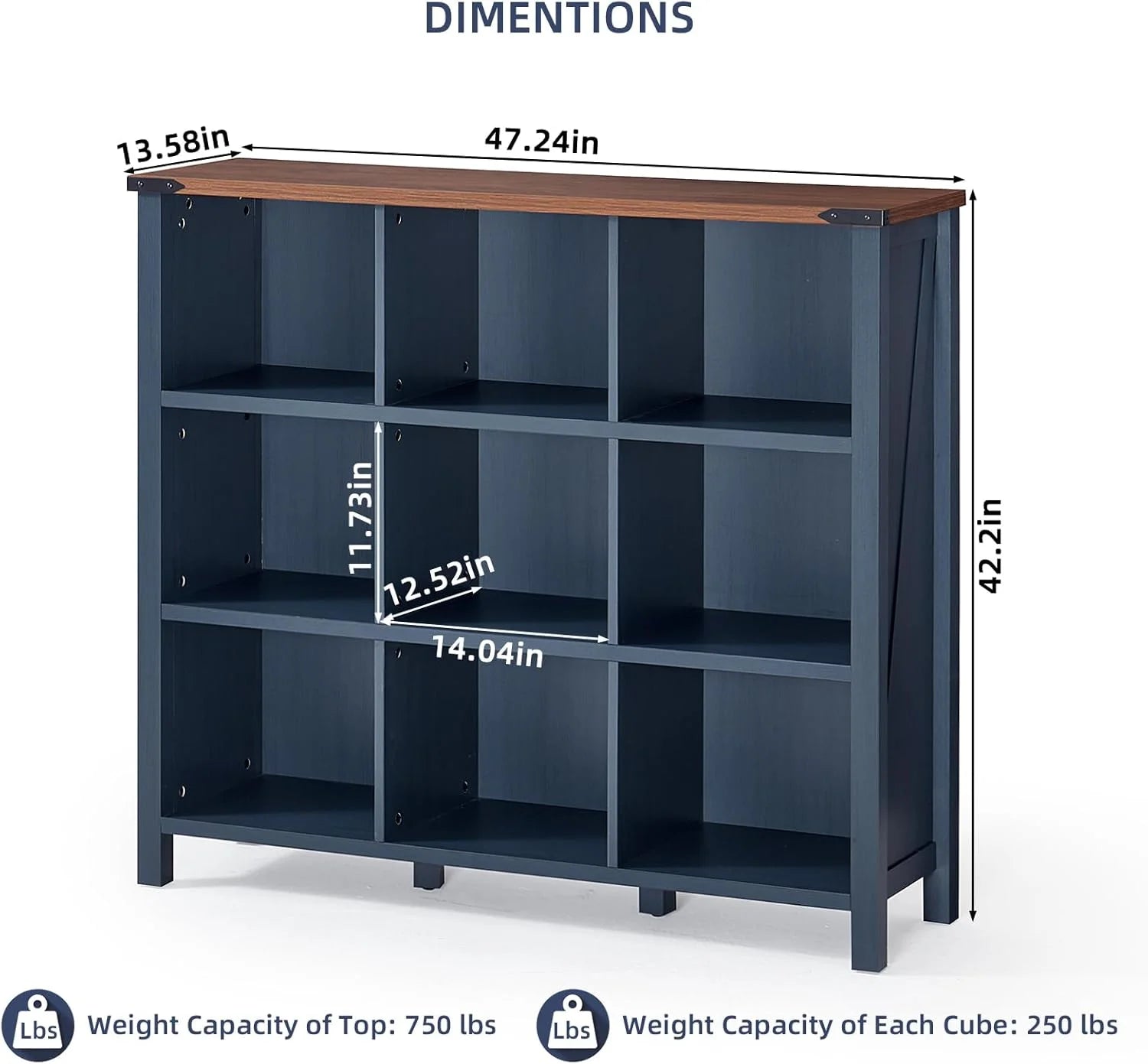 9 Cube Bookcase, Farmhouse 47 in Wide Navy Blue Bookshelf, Wooden 3 Tier Display Large Open Book Shelf - Product image 3