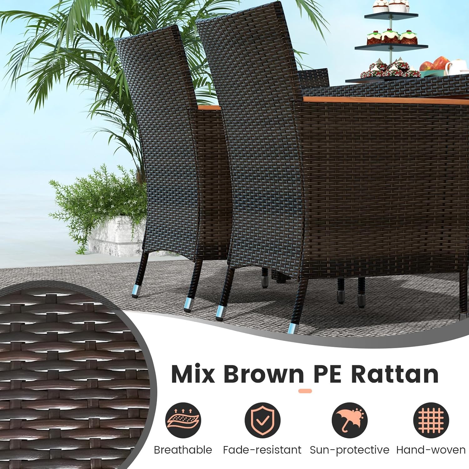 GIANTEX Garden Furniture Set for 6 People in Rattan and Acacia Wood, Outdoor Garden Table with 6 Chairs, Cushions, Parasol Hole, Adjustable Feet, for Courtyard, Picnic, Brown