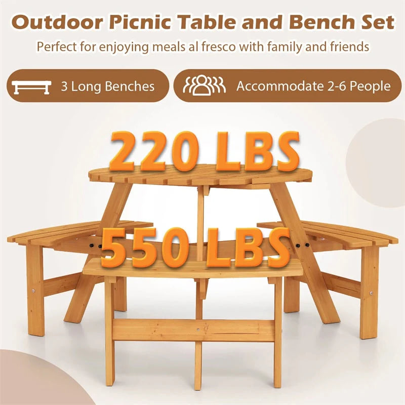6-Person Round Wood Picnic Table Set with 3 Built-in Benches & 2" Umbrella Hole, Holds 1850 LBS - Product image 17