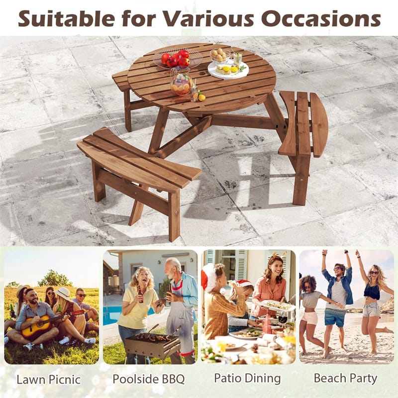 6-Person Round Wood Picnic Table Set with 3 Built-in Benches & 2" Umbrella Hole, Holds 1850 LBS - Product image 9