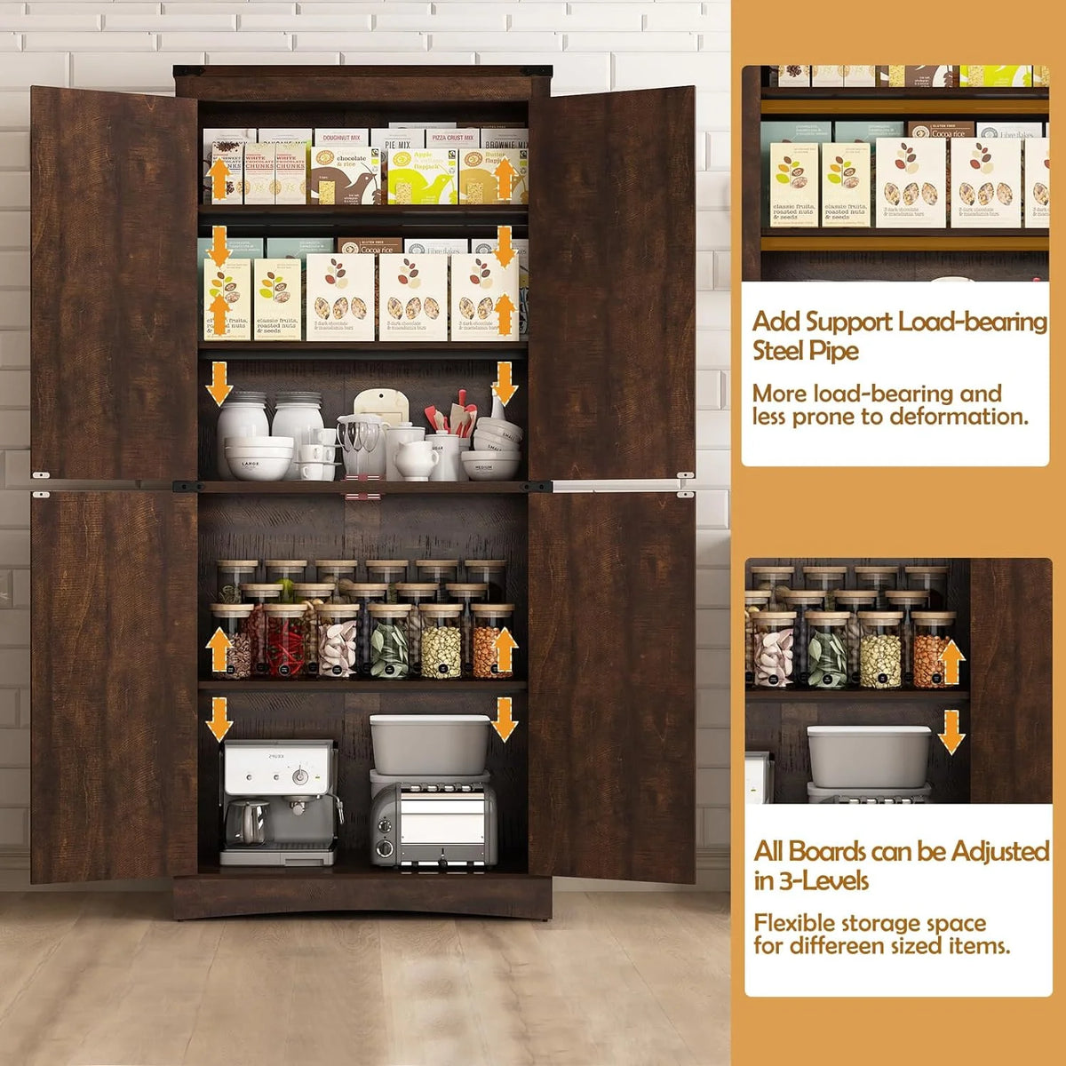 71" Tall Farmhouse Kitchen Pantry Cabinet, 5 Layers Storage Cabinet with Adjustable Shelves, Farmhouse Pantry Cabinet with 4 Barn Doors for Kitchen, Dining Room, Bathroom, Living Room, Rustic White