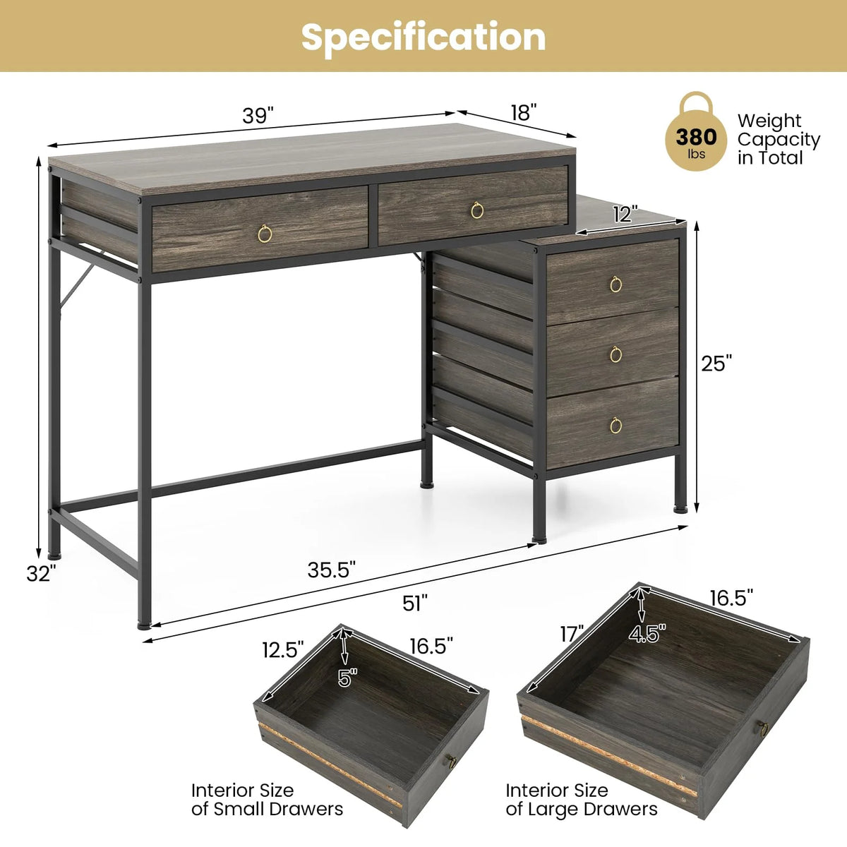 Tangkula 51" Home Office Desk with Printer Stand - Product image 3