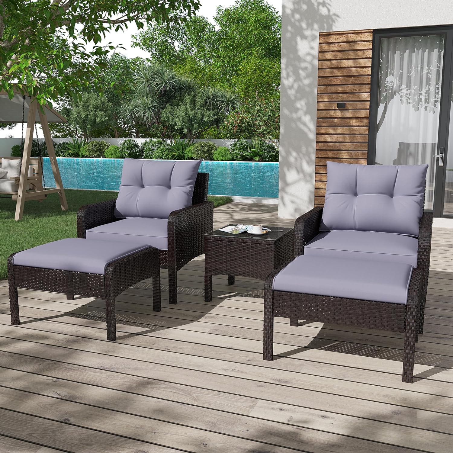 AECOJOY Outdoor 5 Pieces Patio Furniture Set, PE Rattan Wicker Chairs with Ottoman and Table, Brown/Grey - Product image 7