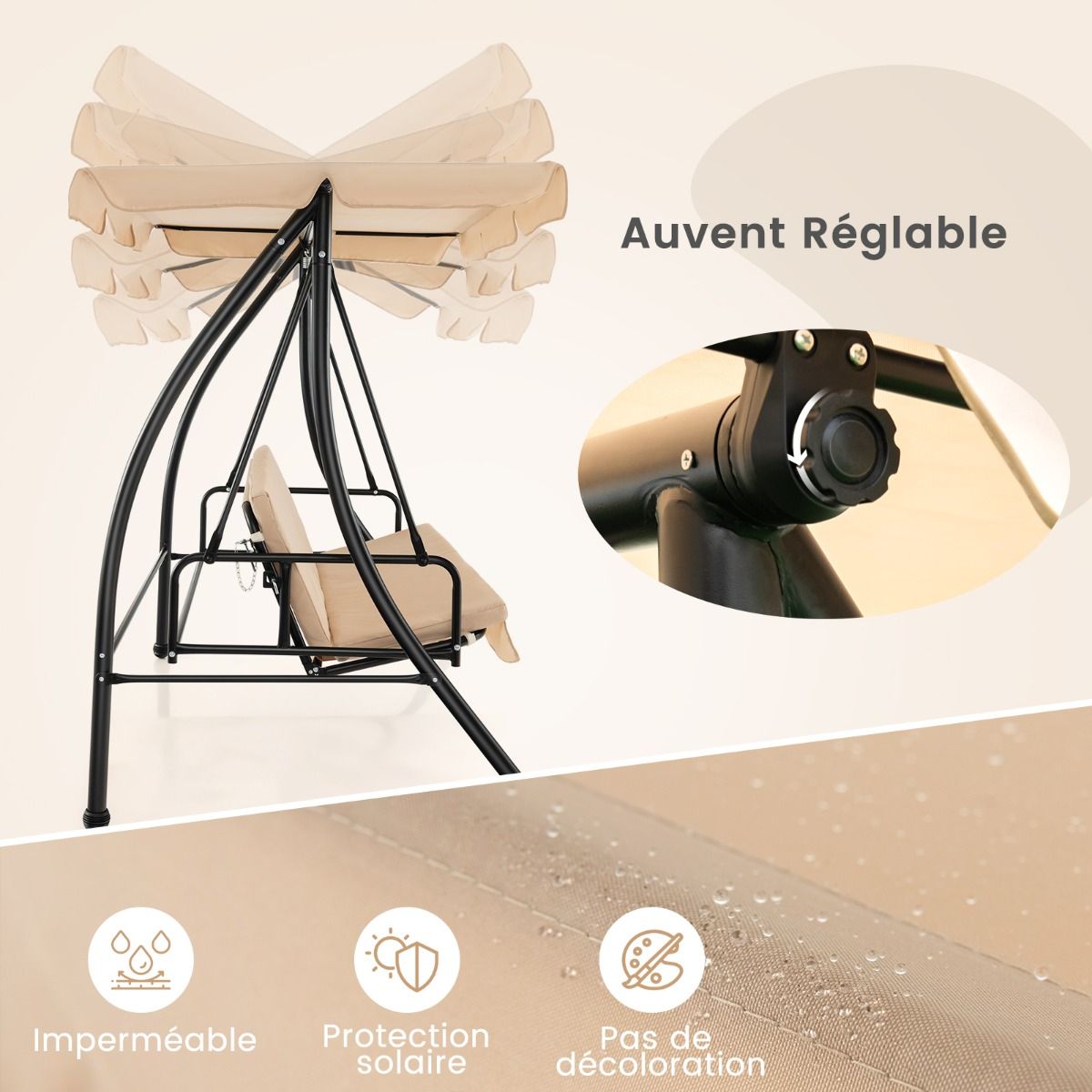 2-Seater Convertible Outdoor Swing with Flat Bed Terrace Hammock with Adjustable Awning and Removable Cushion for Garden -