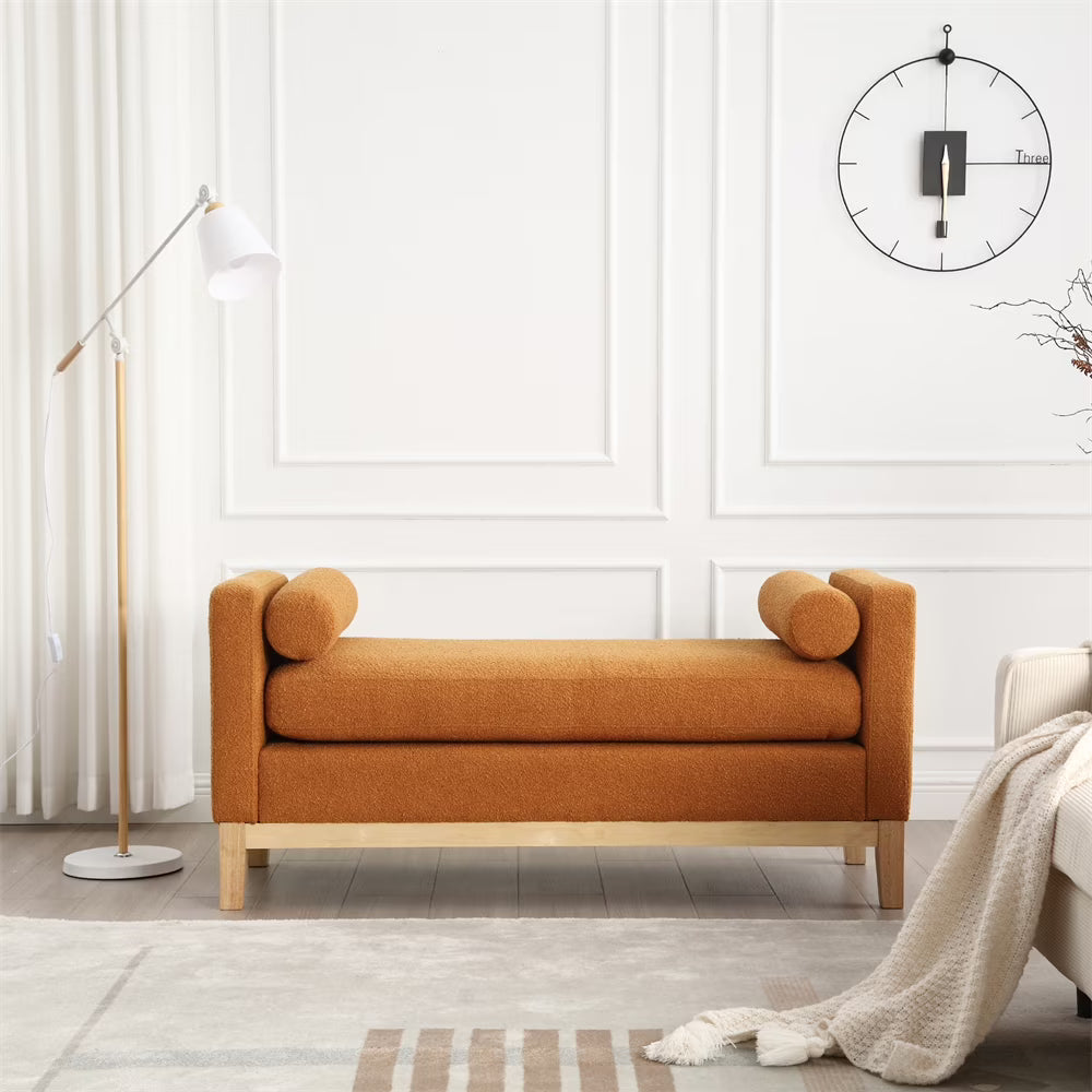 53.5"w Elegant Upholstered Bench with Wood Legs & Round Pillows, Comfy Boucle Fabric Footrest with Arms - Product image 9