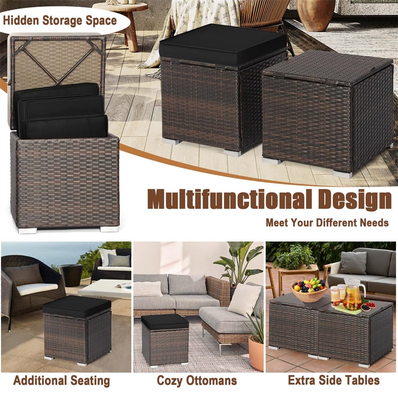 2PCS Wicker Outdoor Storage Ottomans with Removable Cushions, Multipurpose PE Rattan Footrest Side Table - Product image 45