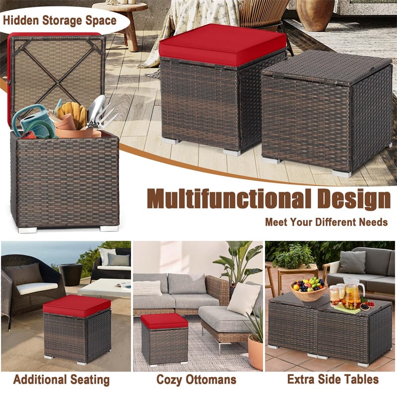 2PCS Wicker Outdoor Storage Ottomans with Removable Cushions, Multipurpose PE Rattan Footrest Side Table - Product image 63